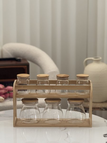 منظم مطبخ مكون من 7 علب تنظيم والستاند الخشب