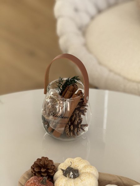 الفازة زجاج شفاف مع يد جلد مع كل الي جواها